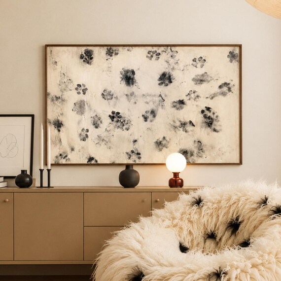 Retro Dog Paws Oil Painting Print Horizontal Vintage Animal Wall Art Hand Drawn Mid Century Neutral Cool Girl Apartment Poster