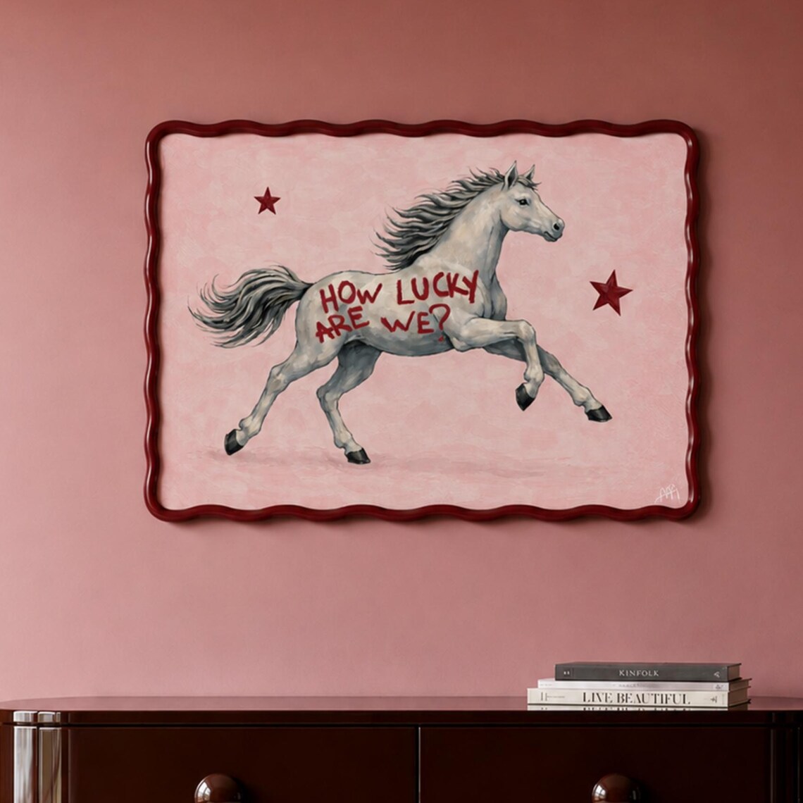 How Lucky Are We White Horse Quote Pink Stars Eclectic Poster