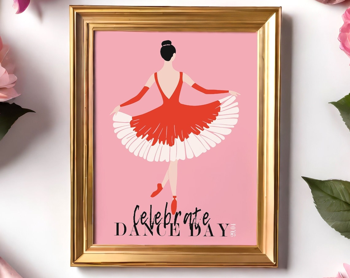 Celebrate Dance Day Red Tutu Ballerina Illustration Pink Poster