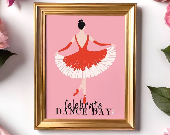 Ballerina In Red Dress Pink Poster Celebrate Dance Day Wall Art Ballet Dancer Illustration Pink Background Home Decor Gift For Dancers