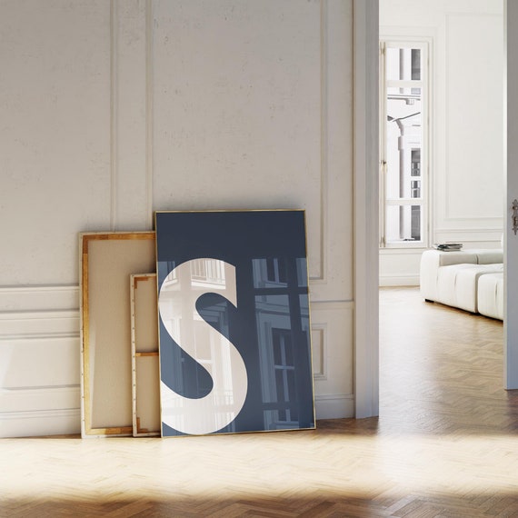 Navy Blue Initial S Print Bold Alphabet Wall Art Monogram Poster Preppy Room Letters