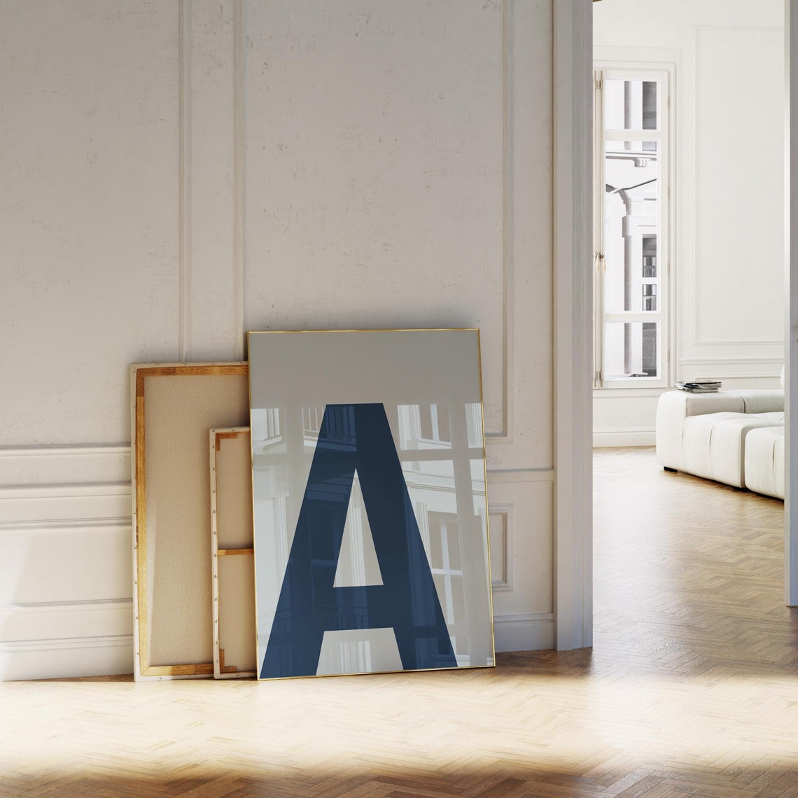 Navy Blue Monogram Poster Letter A Print Minimalist Alphabet Wall Art