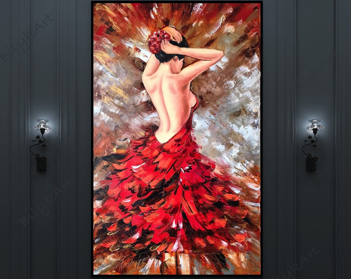 Ballerina Red Dress Back View Dancing Fire Gold Abstract Figure Oil Painting Poster