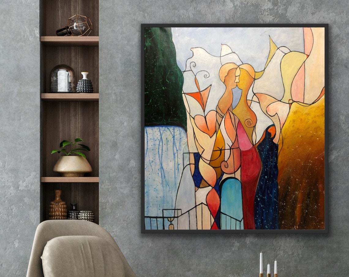Lovers Abstract Couple Kissing by Waterfall Warm Tones Poster - Image 4