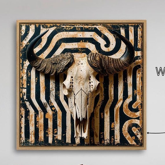 Rustic Bull Skull Framed Wall Art Animal Skulls Print Large Southwestern Style Wall Decor Abstract Square Poster Ready To Hang Gift