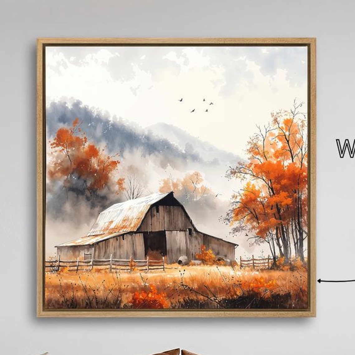 Rustic Barn Autumn Foliage Misty Mountain Landscape Painting Print