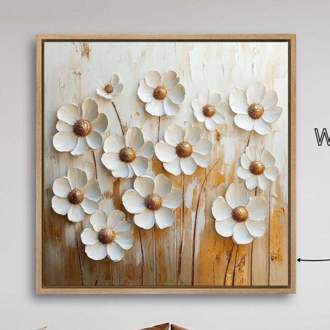 Delicate White 3D Flowers Gold Centers Textured Impasto Art Print