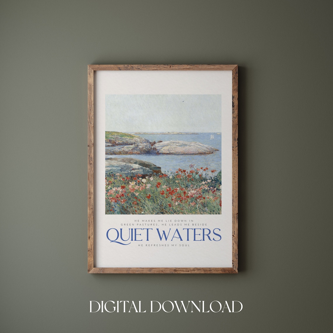 Quiet Waters Psalm 23 Coastal Rocky Shore Watercolor Christian Bible Poster