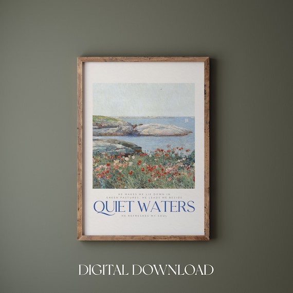 Quiet Waters Psalm 23 Coastal Rocky Shore Watercolor Christian Bible Poster