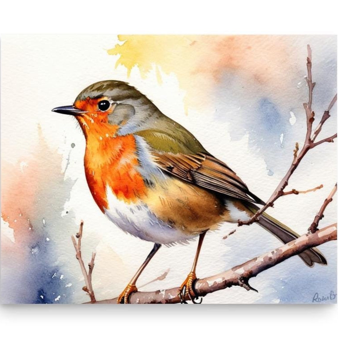 European Robin Perched On A Branch Facing Left Watercolor Poster