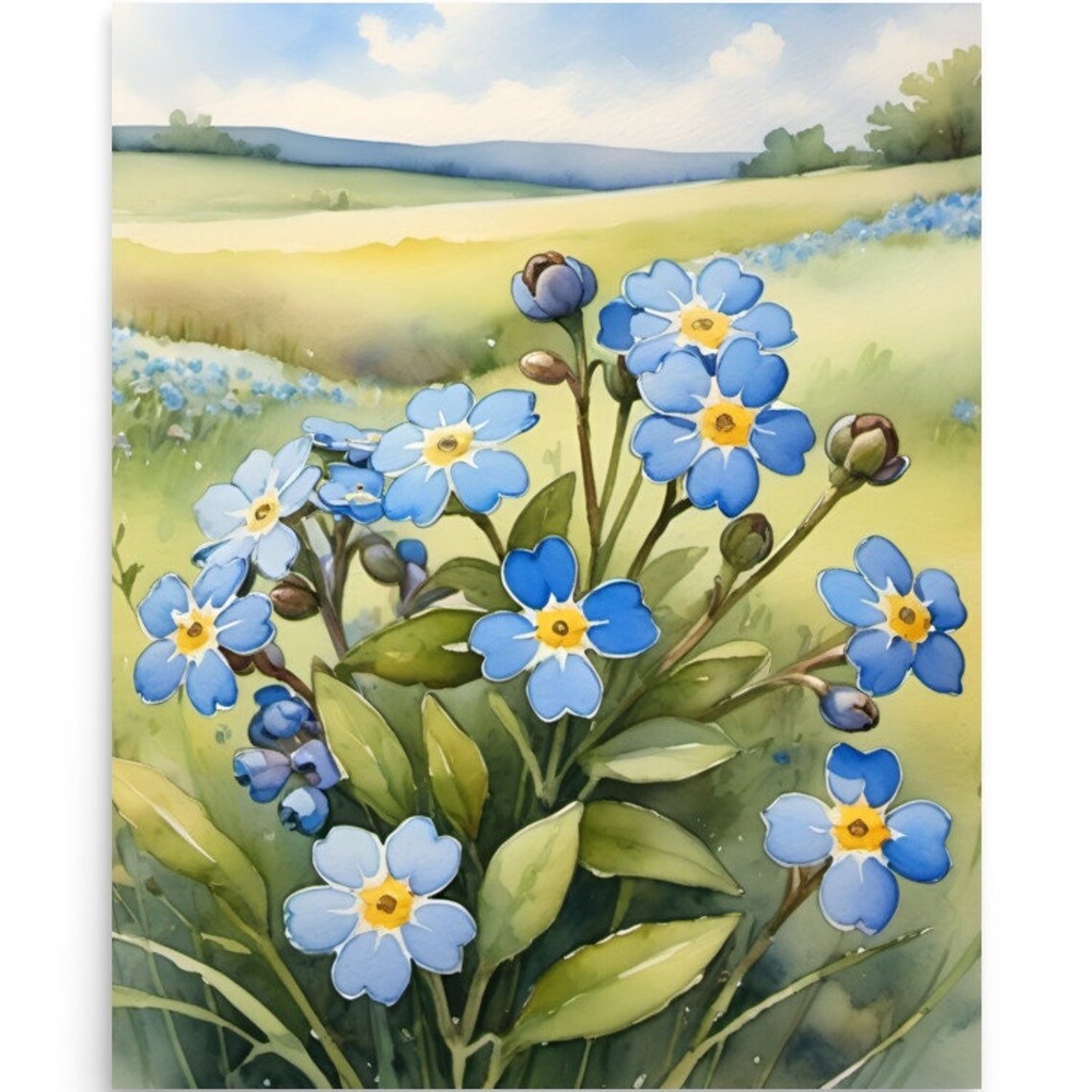 Blue Forget Me Nots Blooming In A Sunny Meadow Watercolor Poster