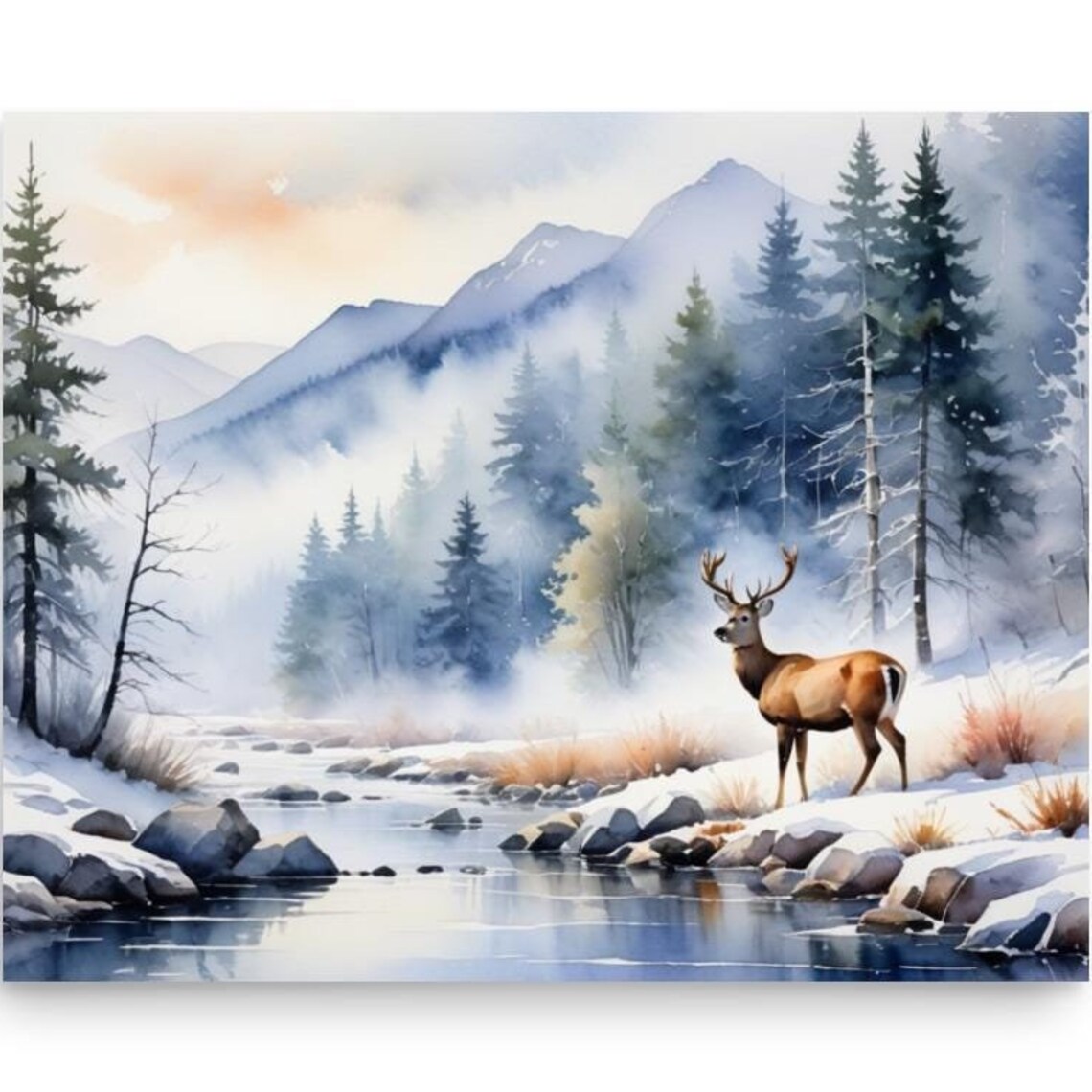 Majestic Buck Deer by Snowy Mountain Stream Watercolor Poster