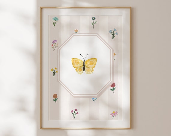 Vintage Floral Butterfly Print, English Garden Decor