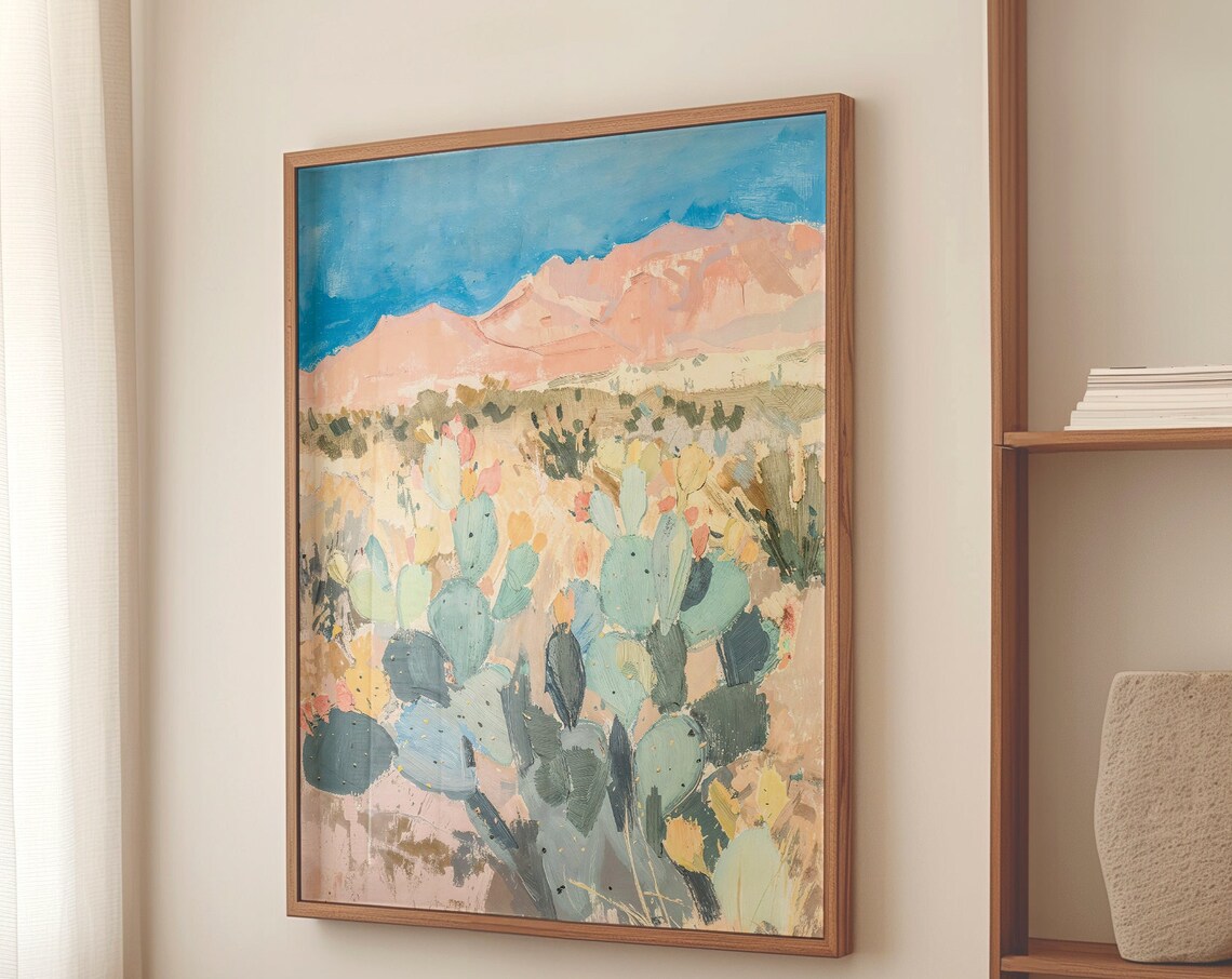 Colorful Desert Cactus Landscape with Pink Mountain Peaks Poster - Image 4