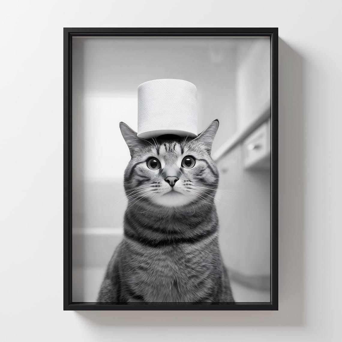 Cute Tabby Cat Balancing Toilet Paper Roll Funny Bathroom Print