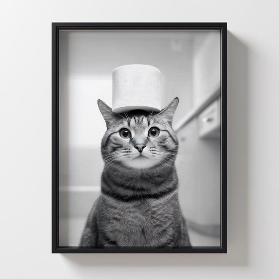 Cute Tabby Cat Balancing Toilet Paper Roll Funny Bathroom Print