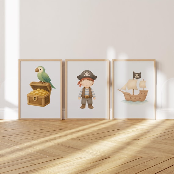 Cute Pirate Nursery Art Set With Pirate Boy Ship Parrot Treasure Chest Poster