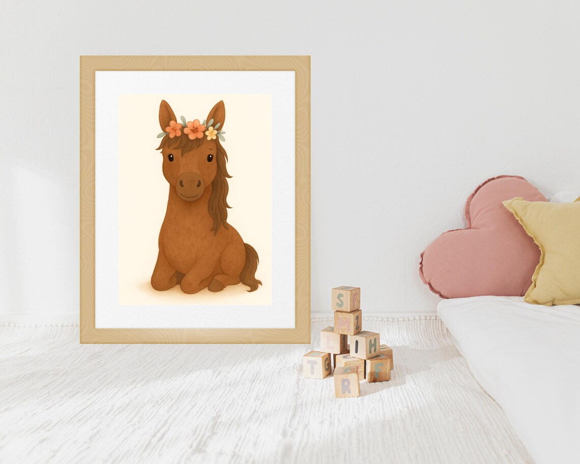 Boho Brown Horse With Floral Crown, Nursery Decor Poster