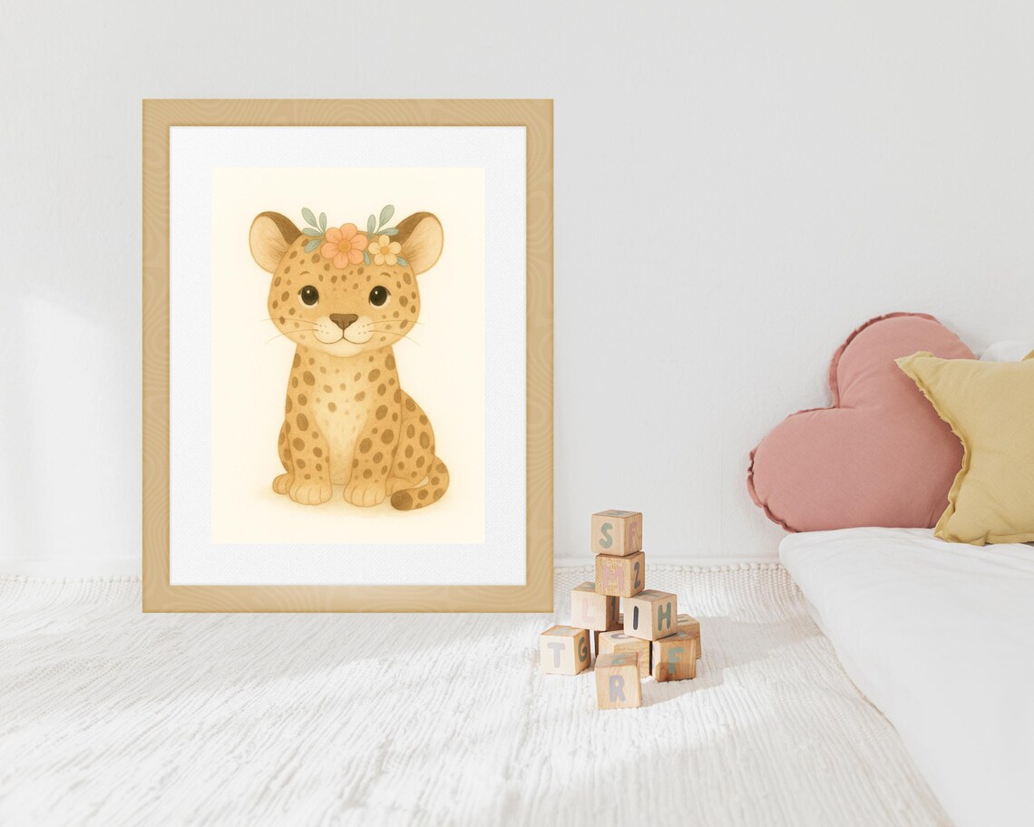 Safari Nursery Leopard With Floral Crown Poster - Image 3