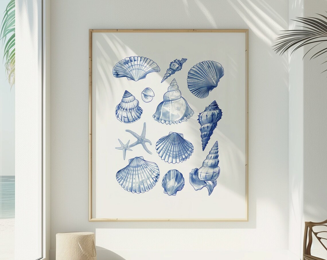 Blue Seashells Starfish Watercolor Collage Coastal Beach Poster