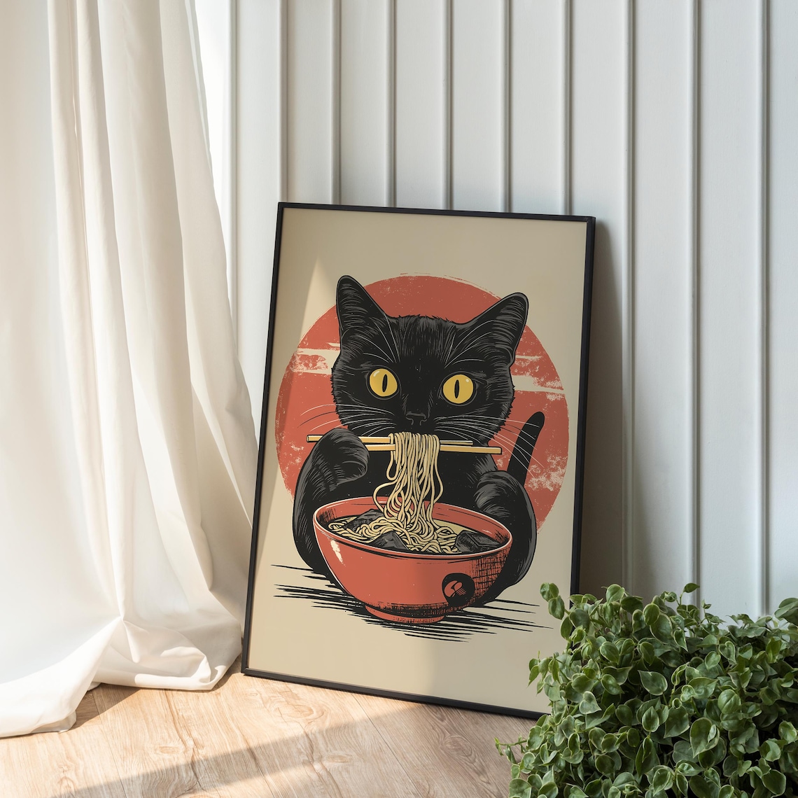 Black Cat Eating Ramen Noodles Japanese Retro Illustration Poster