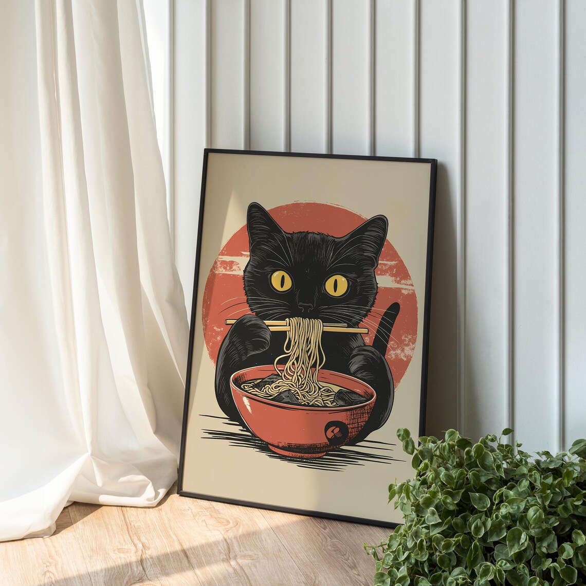 Cat Print Black Poster Eating Noodles Wall Art Japanese Anime Illustration Decor