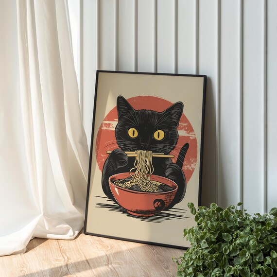 Cat Print Black Poster Eating Noodles Wall Art Japanese Anime Illustration Decor