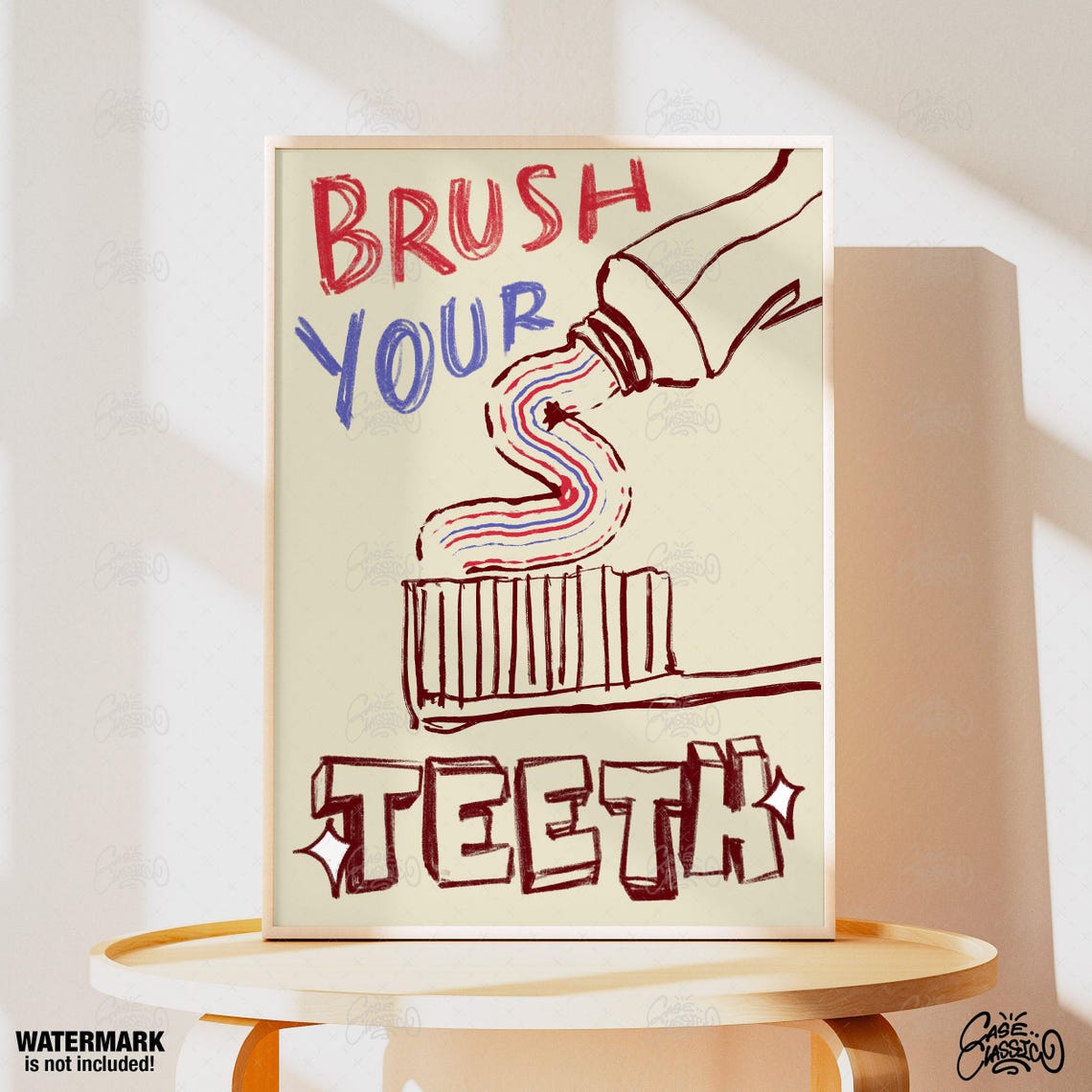 Brush Your Teeth Retro Hand Drawn Quote Poster for Bathroom Walls