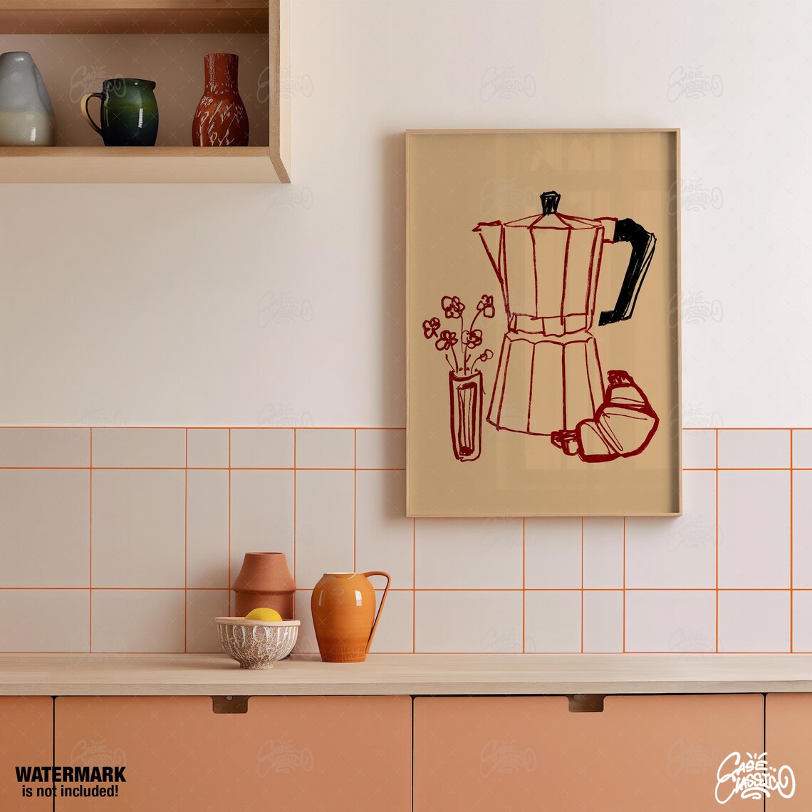 Moka Pot and Croissant Red Line Art Coffee Kitchen Wall Poster