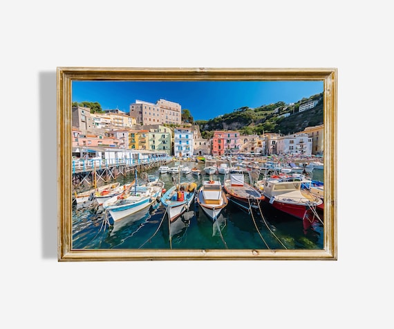 Mediterranean Harbor Colorful Fishing Boats Village Bay Art Poster