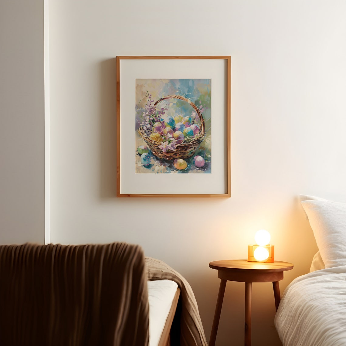 Pastel Easter Egg Basket with Spring Blossoms Colorful Oil Print - Image 2