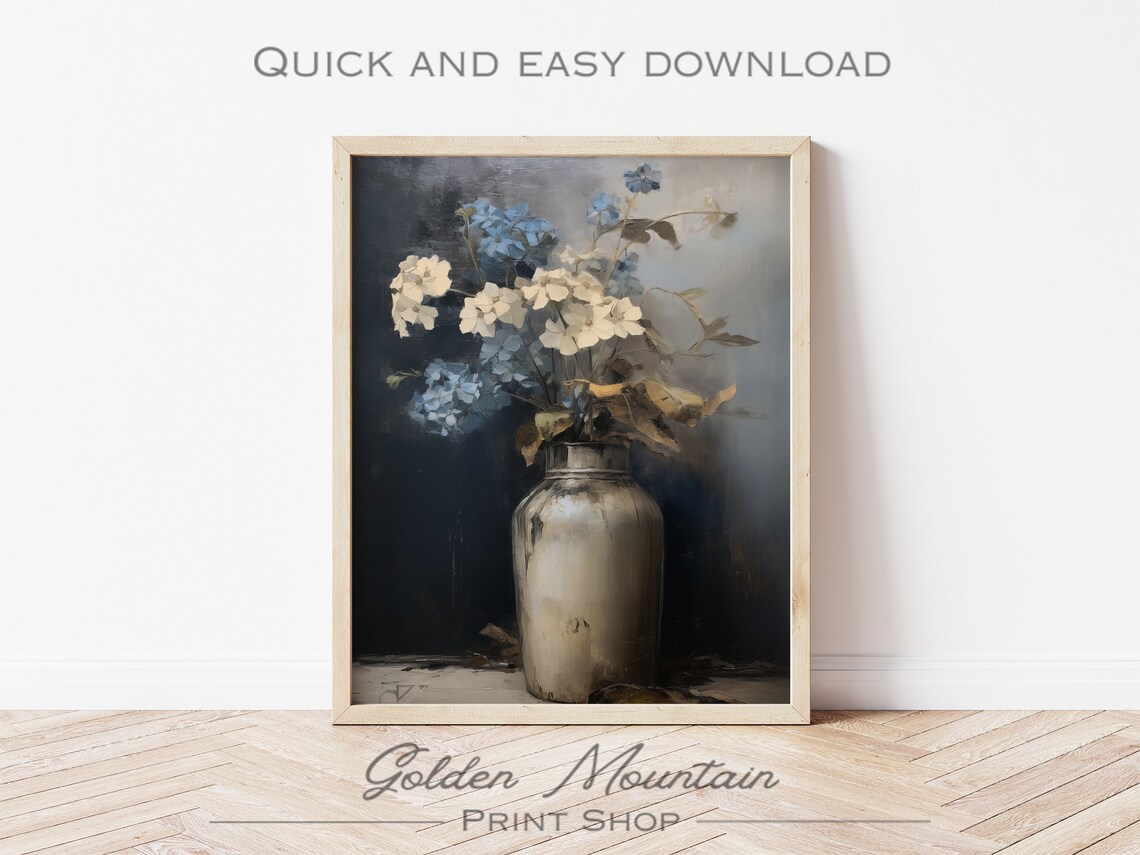 Moody Blue Flower Print, Dark Floral Oil Painting - Image 3