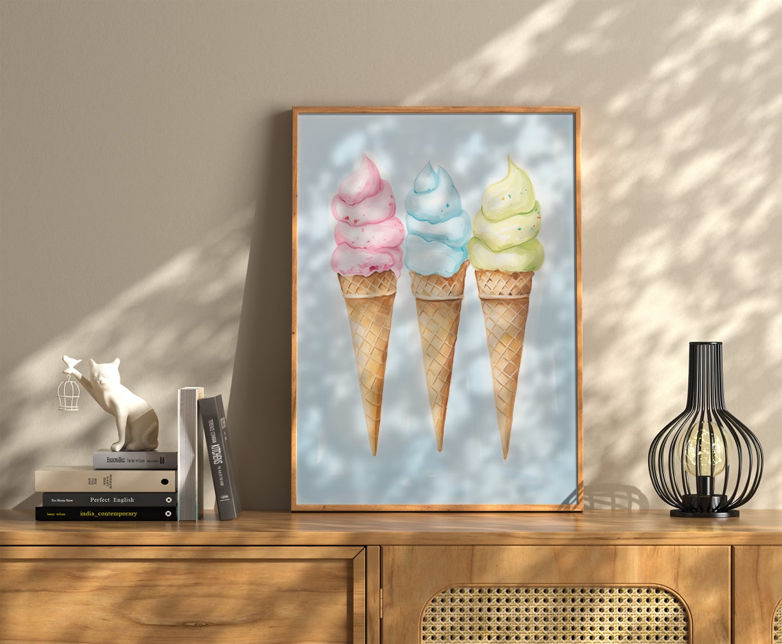 Pastel Ice Cream Cones Trio Cute Summer Dessert Art Print for Kids - Image 2