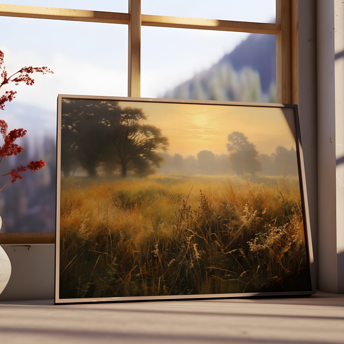Golden Sunrise Over Misty Meadow With Silhouetted Trees Poster - Image 3