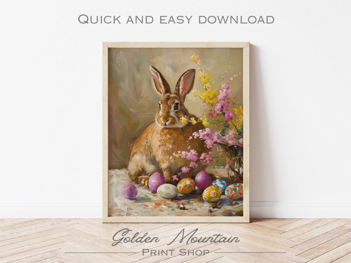 Brown Easter Bunny with Painted Eggs and Spring Blossoms Oil Print - Image 3