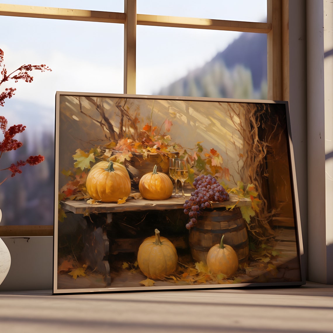 Autumn Harvest Pumpkins Grapes Wine Rustic Still Life Wall Art - Image 2