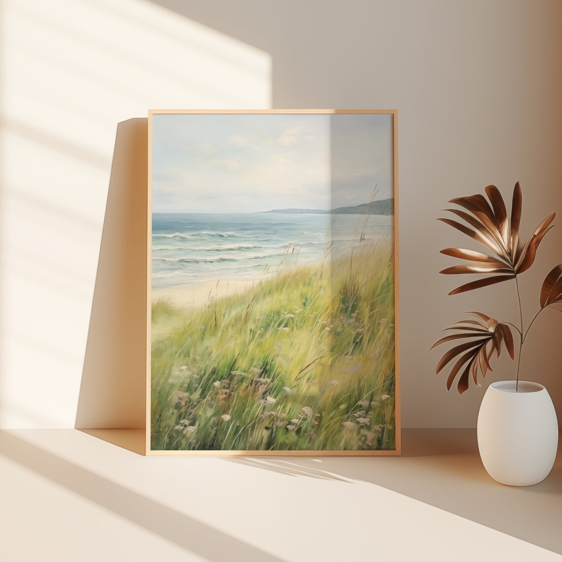 Coastal Beach Grass Ocean Waves Summer Seascape Oil Painting Poster - Image 2