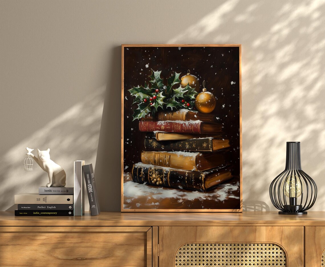 Vintage Books Snowy Stack Holly Ornaments Christmas Still Life Poster - Image 2