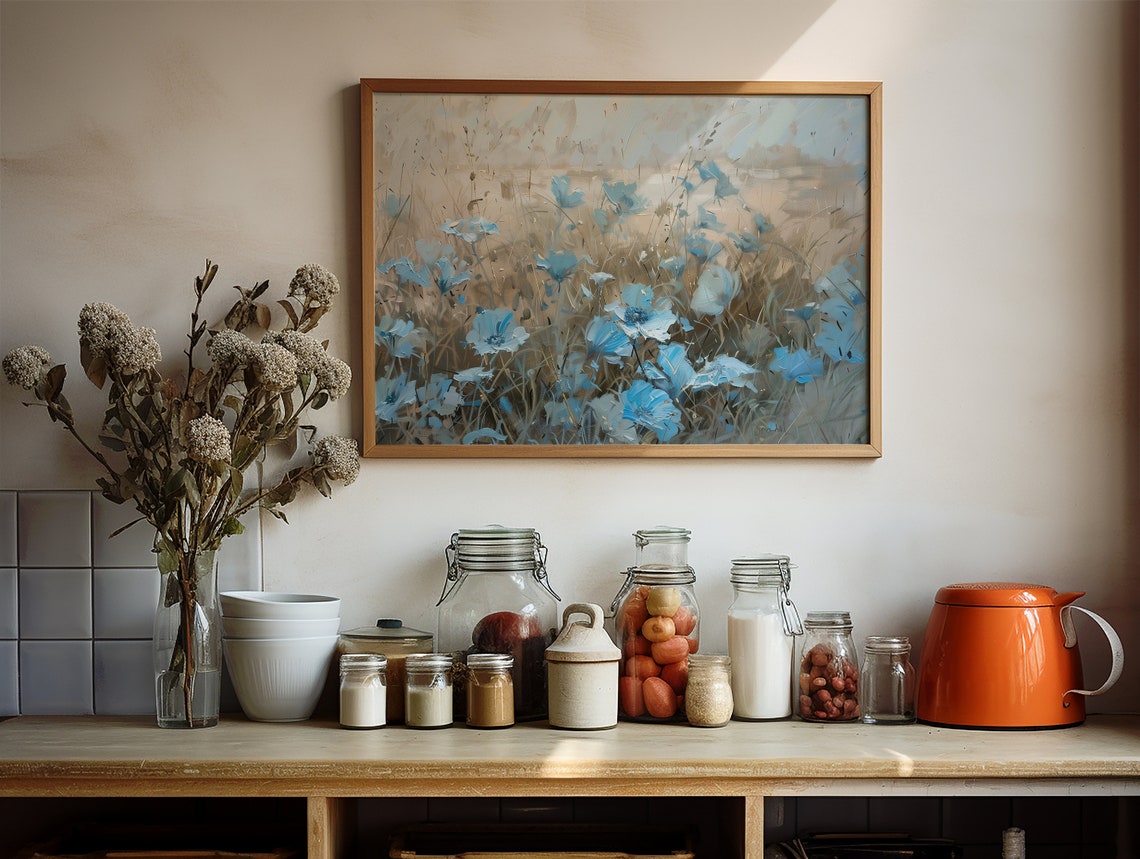 Blue Poppies Dancing in Neutral Beige Field Impressionist Poster - Image 2