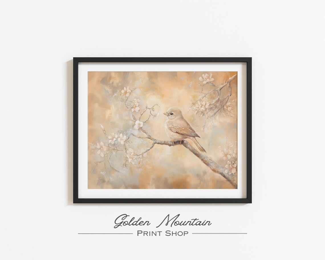 Cream Songbird On Flowering Branch Golden Pastel Spring Oil Painting Poster - Image 3