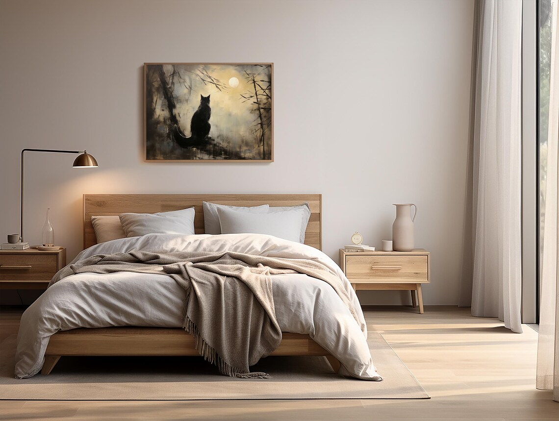 Black Cat Silhouette Gazing At Full Moon In Dark Forest Moody Halloween Poster - Image 2