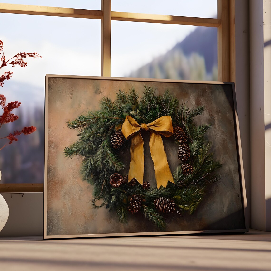Pine Wreath Gold Bow Pinecones Holiday Still Life Decor Wall Art - Image 3