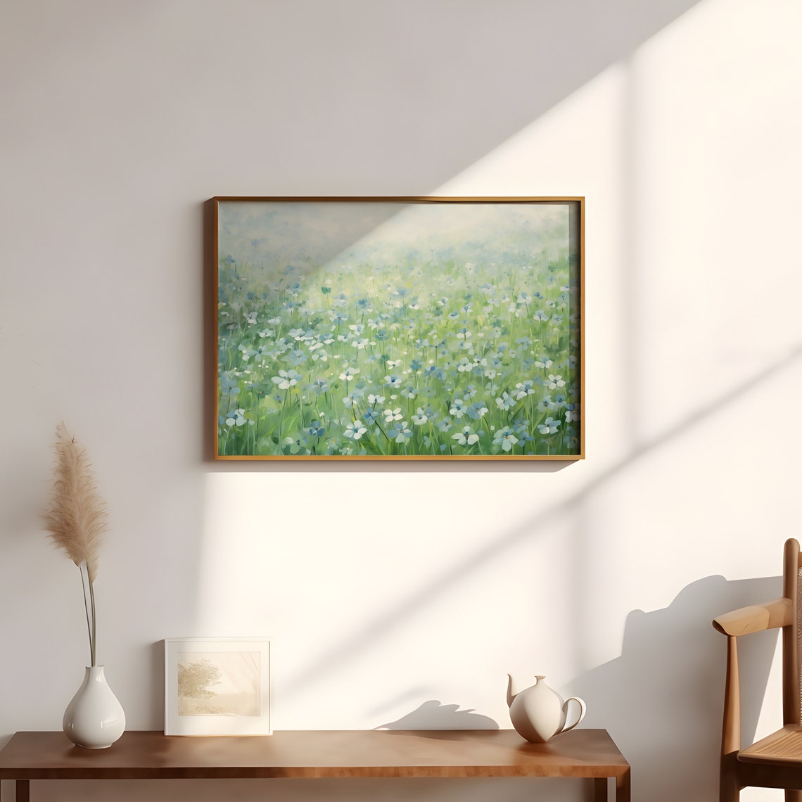 Blue and White Wildflower Meadow Abstract Soft Spring Landscape Print - Image 3