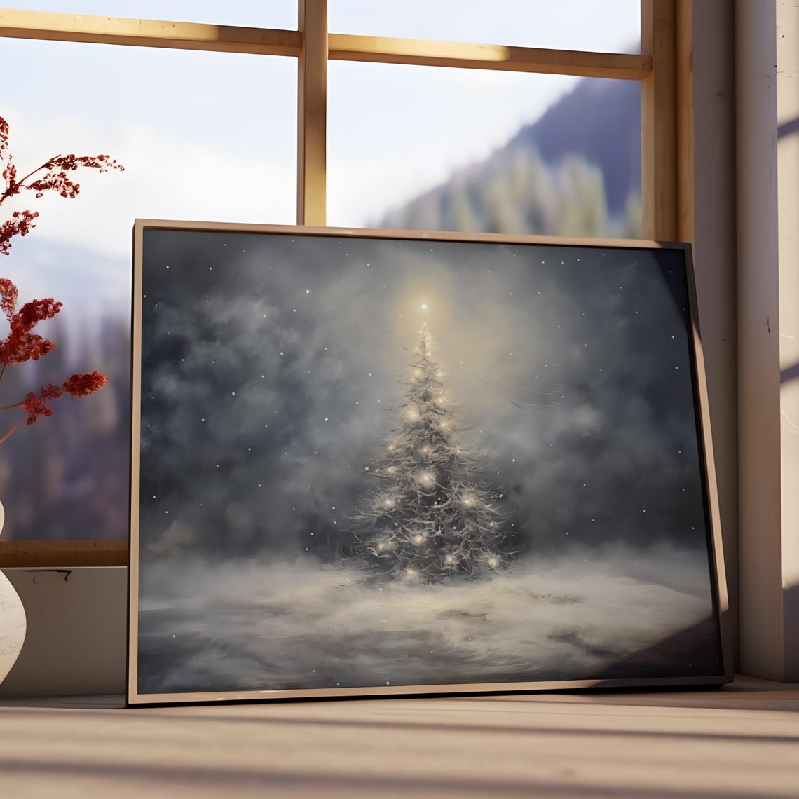 Lit Christmas Tree In Snowy Night Starry Dark Forest Holiday Poster - Image 3