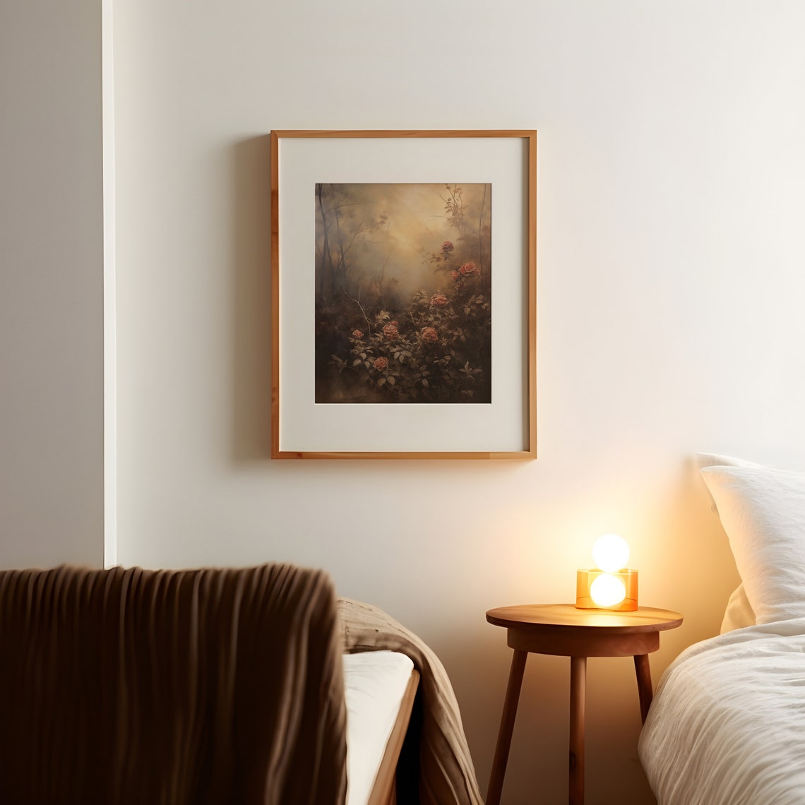 Dark Roses in Misty Forest Golden Light Moody Floral Oil Print - Image 2