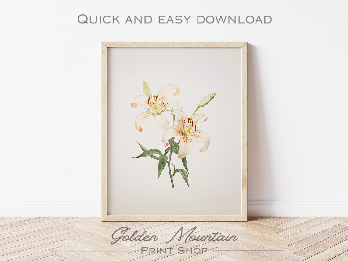 White Lily Blossoms Botanical Watercolor Spring Floral Wall Art - Image 2