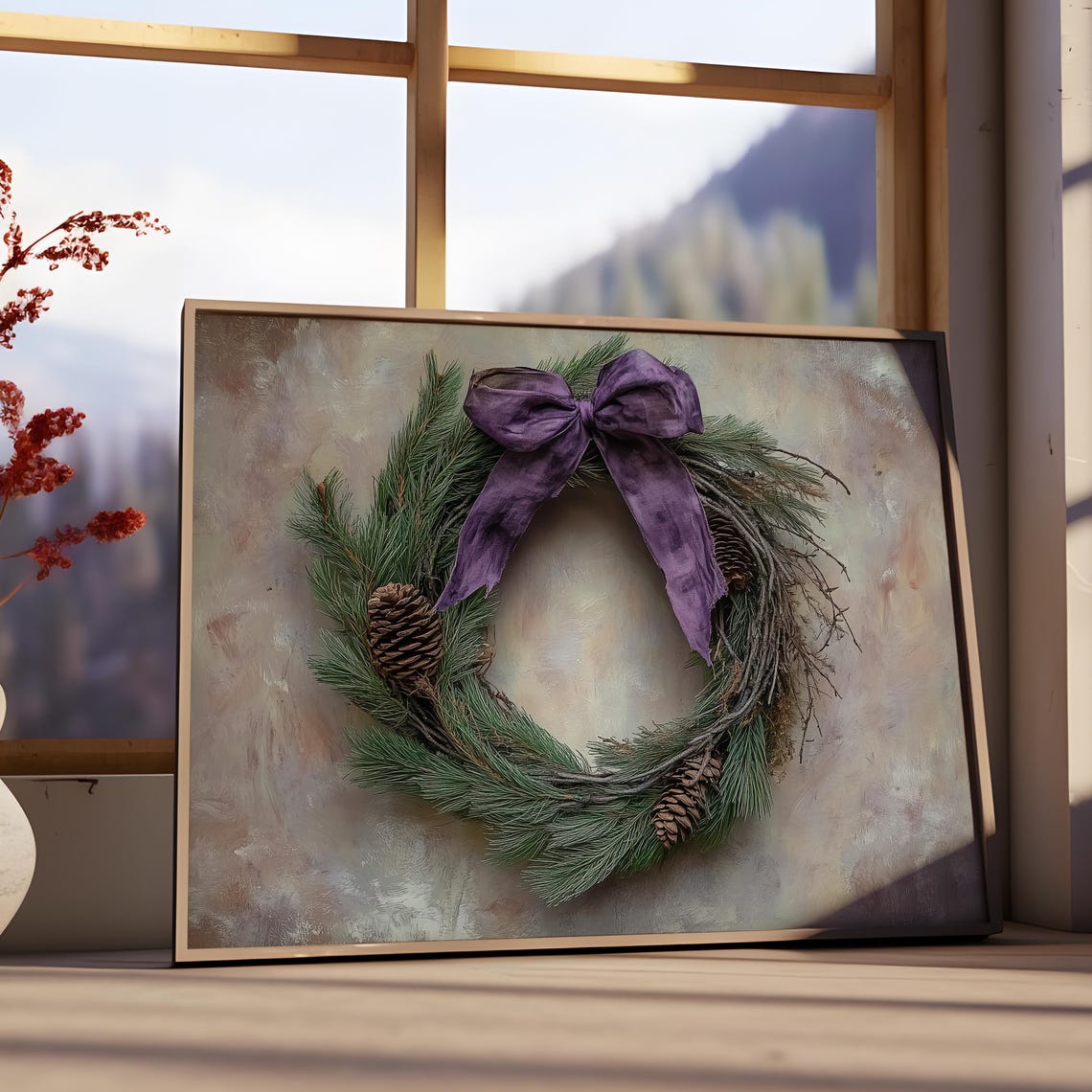 Rustic Pine Wreath Purple Bow Pinecones Vintage Christmas Poster - Image 3