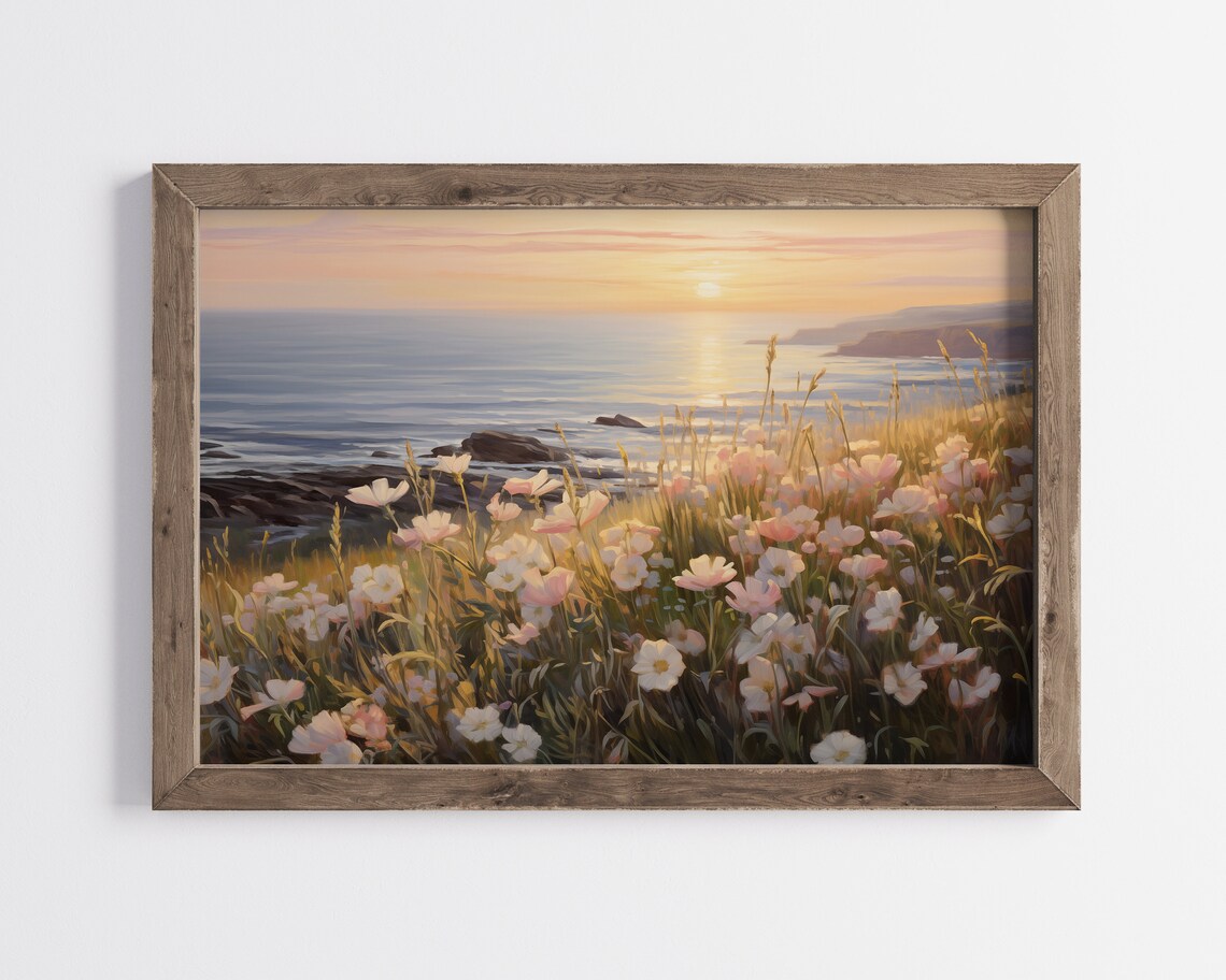 Cottagecore Sea Sunset Flower Print Farmhouse Summer Sunrise Wall Art Vintage Wildflower Field Beach Print Flower Painting - Image 3