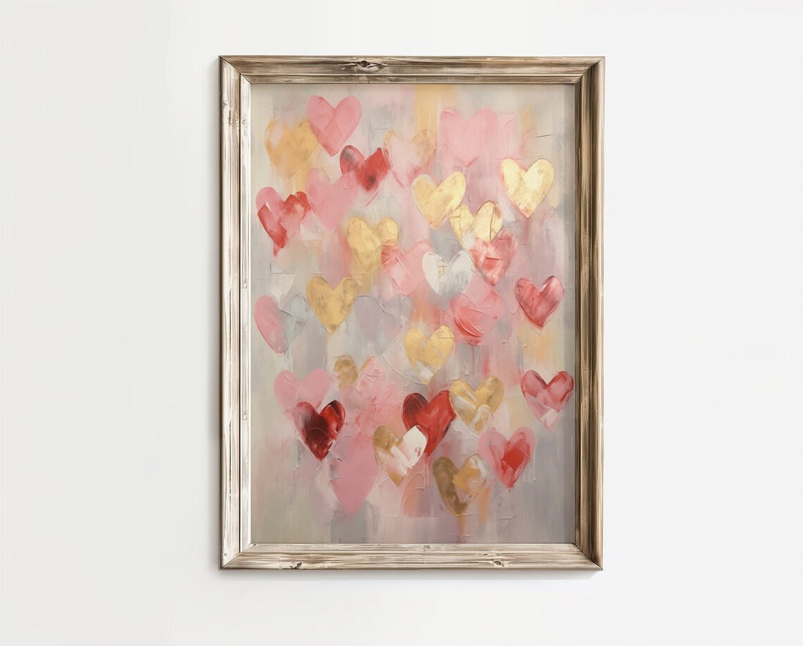 Abstract Hearts in Pink Red and Gold Watercolor Love Art Poster