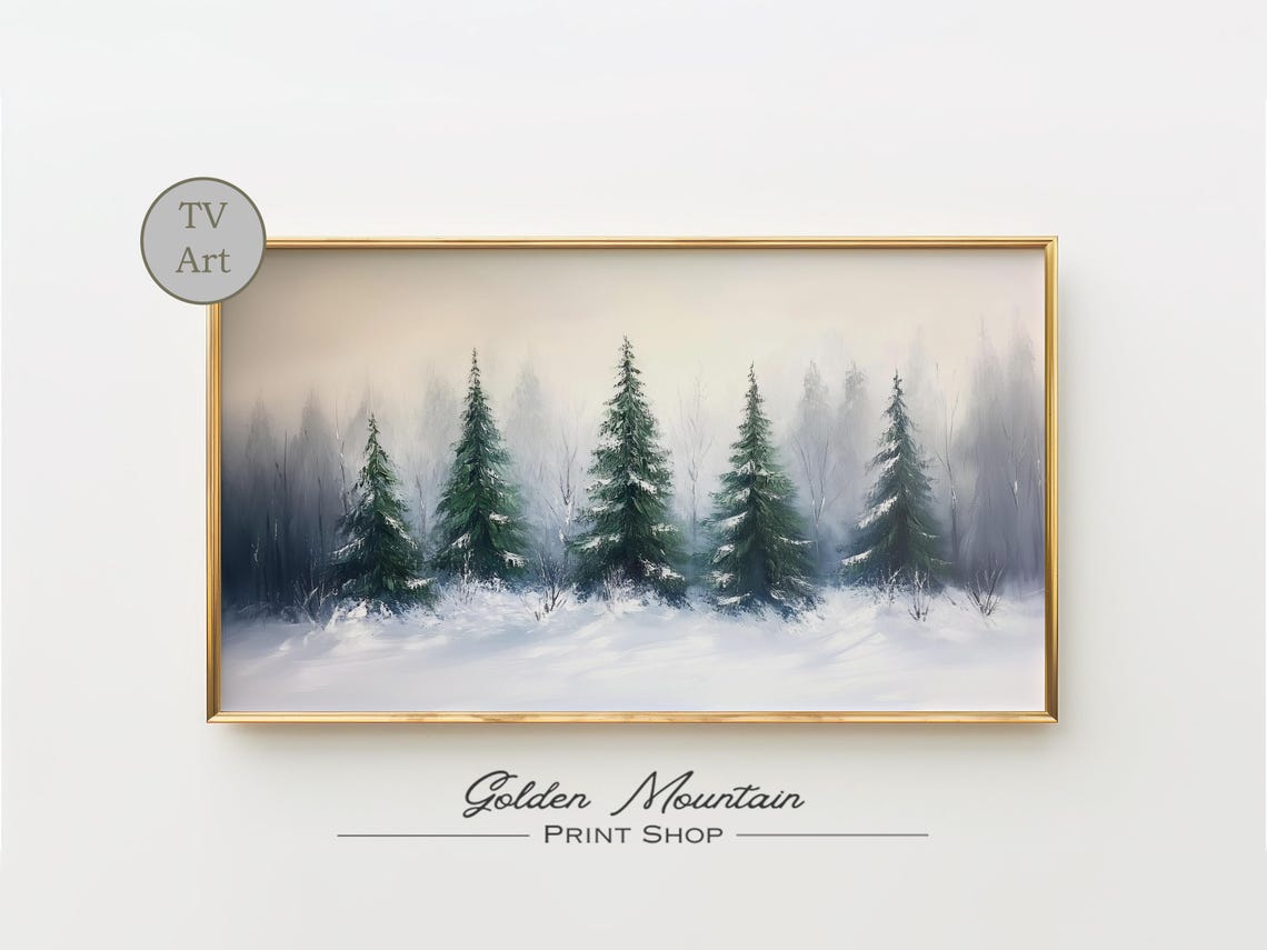 Row of Snowy Pine Trees Misty Winter Forest Landscape TV Wall Art
